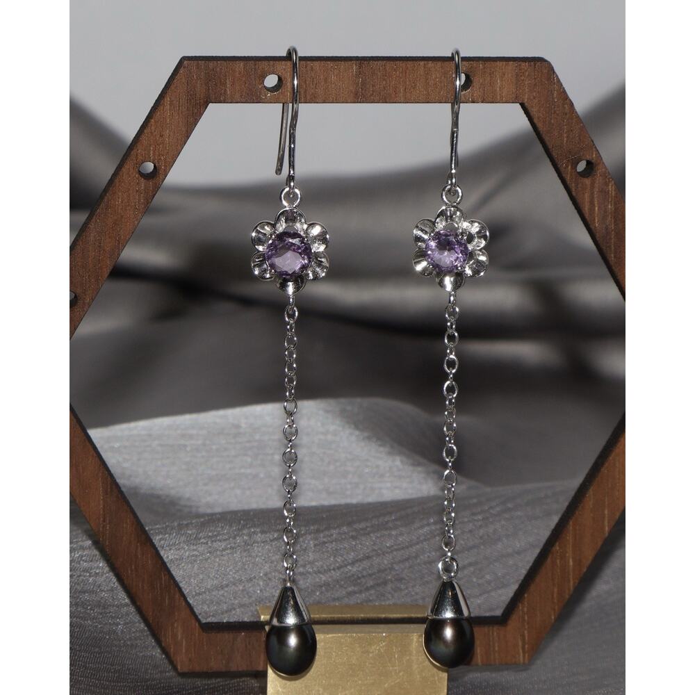 Amethyst & Pearl Flower Sterling Silver Dangle Earrings 5.3G / 3.2in